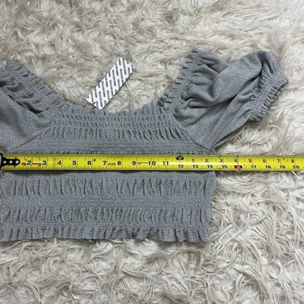 Urban Outfitters Lrg Shay Puff Sleeve Ruched Cinched Crop Top Grey Glitter NWT - Picture 7 of 12
